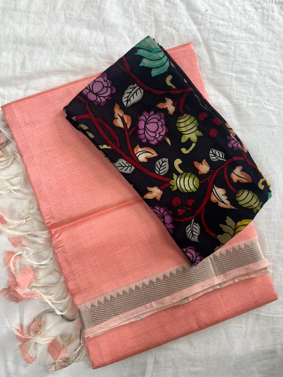 Peach Handloom Mangalagiri Pattu  with a Pen Kalamkari Blouse  Cotton Saree